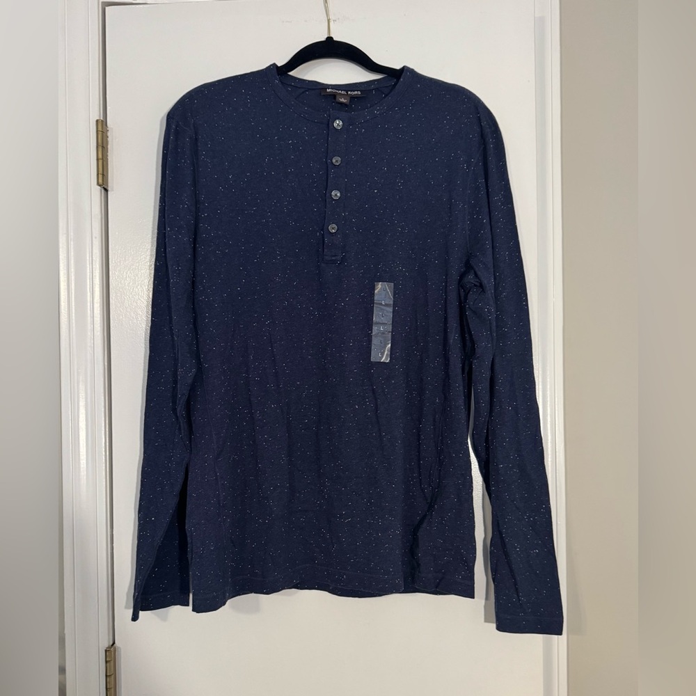 NWT Michael Kors Dark Blue Speckled Henley Shirt 100% cotton buttons accent